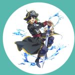  1boy ascot black_eyes black_footwear black_hair boots chameleon dragon_quest dragon_quest_vii full_body hands_on_hilt haru_hikoya hat hero_(dq7) long_sleeves male_focus open_mouth pirate_costume pirate_hat skull_and_crossbones solo sword water weapon 