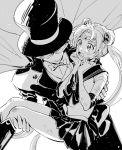  1boy 1girl :o bishoujo_senshi_sailor_moon black_hat cape carrying double_bun earrings elbow_gloves facing_viewer gloves hands_up hat highres jewelry kotomaru looking_at_another mask monochrome princess_carry sailor_collar sailor_moon sailor_senshi_uniform skirt standing tiara top_hat tuxedo_kamen twintails 