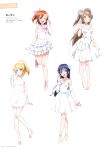  4girls absurdres bangs blonde_hair blue_eyes blue_hair brown_eyes brown_hair dress high_heels highres long_hair love_live! love_live!_school_idol_project midriff multiple_girls official_art orange_hair page_number scan simple_background thigh-highs white_background white_dress zettai_ryouiki 