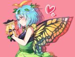  1girl :d antennae bare_arms bare_shoulders black_dress blonde_hair blue_hair blush breasts butterfly_wings caramell0501 character_doll dress eternity_larva eyebrows_visible_through_hair from_side green_dress hat heart leaf long_hair matara_okina medium_breasts multicolored multicolored_clothes multicolored_dress open_mouth pink_background profile short_hair simple_background sleeveless sleeveless_dress smile solo tabard touhou upper_body wings yellow_eyes 