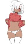  1girl ahoge breasts clothes_lift commentary_request cowboy_shot dark_elf dark_skin elf hair_ornament head_tilt large_breasts lifted_by_self long_sleeves looking_at_viewer malice_stella navel original panties parted_lips pointy_ears red_eyes ribbed_sweater simple_background solo sweater sweater_lift thigh-highs thigh_gap under_boob underwear white_background white_hair white_legwear white_panties x_hair_ornament 