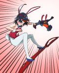  1girl animal_ears black_hair blush bow bowtie bunny_tail bunnysuit daicon_bunny_girl daicon_bunny_girl_(cosplay) daicon_iv flcl hamaguri_(nirak1203) high_heels kill_la_kill matoi_ryuuko multicolored_hair parody rabbit_ears redhead scissor_blade senketsu short_hair solo tail two-tone_hair wrist_cuffs 