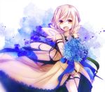  1girl arm_garter blue_flower blue_ribbon bouquet bow chiot_(god_eater) dress flower frilled_dress frills god_eater green_bow holding holding_bouquet kirisame_(akitowtk) open_clothes open_dress open_mouth orange_eyes ribbon ribbon-trimmed_clothes ribbon_trim rose short_hair shorts_under_dress sleeveless sleeveless_dress solo tagme white_dress white_flower white_hair white_rose 