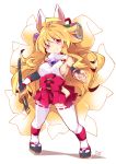  1girl animal_ears blonde_hair breasts closed_mouth detached_sleeves eyebrows_visible_through_hair fox_ears fox_tail full_body hakama_skirt hip_vent izuna_(shinrabanshou) large_breasts long_hair looking_at_viewer multiple_tails nontraditional_miko red_eyes reku ribbon-trimmed_legwear ribbon_trim shinrabanshou sideboob smile solo standing sword tail thigh-highs weapon white_background white_legwear 
