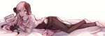  1girl barefoot bead_necklace beads breasts brown_hair cleavage commentary_request ecru english heterochromia jewelry korean_commentary looking_at_viewer lying_on_bed multicolored_hair necklace neo_(rwby) pink_hair rwby sign solo 