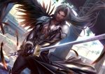  1boy abs black_wings boots feathers fighting_stance final_fantasy final_fantasy_vii holding holding_sword holding_weapon katana long_hair male_focus outdoors pectorals pillar ruins sephiroth shoulder_armor silver_hair single_wing solo sword weapon wings xong yellow_eyes 