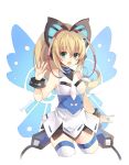  1girl antenna_hair azure_striker_gunvolt blonde_hair bracelet butterfly_hair_ornament butterfly_wings dress green_eyes hair_ornament jewelry joule_(gunvolt) looking_at_viewer multicolored_hair open_mouth ponytail redhead rento_(rukeai) sleeveless smile solo thigh-highs white_dress white_legwear wings 