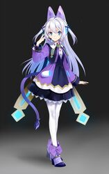  1girl black_background black_skirt blue_eyes dress full_body gradient gradient_background hair_ornament headset highres long_hair looking_at_viewer original pantyhose purple_dress purple_footwear shoes skirt smile solo standing urata_asao white_hair white_legwear x_hair_ornament 