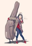  1girl :o bangs blue_pants blunt_bangs hat instrument_case jacket long_hair looking_at_viewer original pants pink_background plaid plaid_scarf pomodorosa red_footwear scarf solo standing sweater translation_request white_hat 