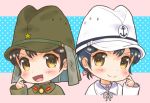  2girls black_hair blush bow brown_eyes chibi commentary hair_bow hair_ornament hairclip hand_on_own_cheek hand_up hat imperial_japanese_army imperial_japanese_navy looking_at_viewer m_tap military military_uniform multiple_girls naval_uniform open_mouth original polka_dot polka_dot_background portrait short_hair smile soldier uniform 