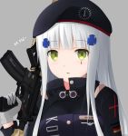  1girl assault_rifle beret breasts character_name facepaint german_flag girls_frontline gloves green_eyes gun hair_ornament hat heckler_&amp;_koch highres hk416 hk416_(girls_frontline) holding holding_gun holding_weapon iron_cross keenh long_hair looking_at_viewer medium_breasts military_jacket open_mouth rifle silver_hair simple_background solo upper_body weapon 