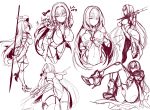  1girl arms_behind_back ass bodysuit breast_hold breasts fate/grand_order fate_(series) from_below gae_bolg large_breasts long_hair monochrome navel okitakung one_eye_closed over_shoulder polearm profile scathach_(fate/grand_order) self_fondle sketch smile solo spear thigh-highs weapon weapon_over_shoulder 
