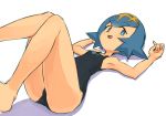  1girl :d bangs bare_arms bare_shoulders black_swimsuit blue_eyes blue_hair breasts bright_pupils eyebrows eyebrows_visible_through_hair hairband legs_up lying nyonn24 on_back one-piece_swimsuit open_mouth orange_hairband pokemon pokemon_(anime) pokemon_sm_(anime) shadow short_hair simple_background small_breasts smile solo suiren_(pokemon) swimsuit tongue white_background white_pupils 