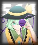 1girl black_hat clenched_teeth dated doescat2 eyeball eyebrows_visible_through_hair green_eyes green_hair grey_background hat heart heart_of_string highres koishi_day komeiji_koishi looking_at_viewer short_hair smile solo teeth third_eye touhou upper_body wide_sleeves 