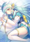  1girl aqua_hair blush bow closed_mouth commentary_request dragon_girl dragon_horns eyebrows_visible_through_hair fate/grand_order fate_(series) highres horns japanese_clothes kimono kiyohime_(fate/grand_order) long_hair lying minamo25 obi on_side sash solo sparkle thigh-highs twitter_username white_legwear wide_sleeves yellow_bow yellow_eyes 