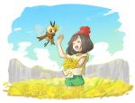  1girl beanie black_hair closed_eyes day field flower flower_field gen_7_pokemon green_shorts hat miu_(miuuu_721) mizuki_(pokemon_sm) open_mouth petals pokemon pokemon_(creature) pokemon_(game) pokemon_sm red_hat ribombee shirt short_hair short_sleeves shorts sky tied_shirt 