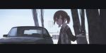  1girl astg blue_sky brown_eyes brown_hair building car car_keys closed_mouth collared_shirt day ground_vehicle highres key long_sleeves looking_at_viewer motion_blur motor_vehicle open_hand original outdoors plaid shirt short_hair short_twintails sky solo tree twintails vehicle_request watermark web_address white_shirt 