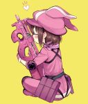  1girl animal_ears animal_hat ascot brown_hair bullpup from_behind gloves gun hat kiss llenn_(sao) niina_ryou p-chan_(p-90) p90 pink_gloves pink_hat rabbit_ears short_hair simple_background solo submachine_gun sword_art_online sword_art_online_alternative:_gun_gale_online weapon yellow_background 
