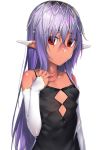  1girl bare_shoulders black_dress breasts commentary_request dark_skin detached_sleeves dress ear_ornament elf empty_eyes expressionless eyebrows_visible_through_hair h_kasei hair_between_eyes hand_on_own_chest long_hair original pointy_ears purple_hair red_eyes simple_background small_breasts solo spaghetti_strap upper_body white_background 