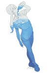  1girl artist_name blue bottled_water drinking limited_palette long_hair original pomodorosa ponytail shirt shoes solo standing t-shirt water 