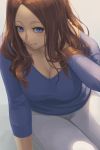  1girl arm_support blue_eyes blue_sweater breasts brown_hair casual cleavage collarbone fate/grand_order fate_(series) hand_on_own_shoulder highres large_breasts leaning_forward leonardo_da_vinci_(fate/grand_order) long_hair looking_at_viewer pants parted_lips ranma_(kamenrideroz) siting sitting smile solo sweater white_pants 