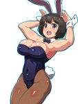  1girl :d animal_ears blue_leotard blue_neckwear blue_outline body_blush bow bowtie breasts brown_hair brown_legwear bunny_tail bunnysuit commentary_request covered_navel cowboy_shot detached_collar fishnet_legwear fishnets flying_sweatdrops fukurou_(owl222) hands_up highres large_breasts legs_together leotard looking_at_viewer open_mouth original outline rabbit_ears short_hair smile solo standing sweatdrop tail wing_collar wrist_cuffs 