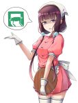  1girl absurdres bangs blend_s blunt_bangs brown_hair empty_eyes eyebrows_visible_through_hair gloves head_scarf highres holding holding_tray looking_at_viewer low_twintails pig puffy_short_sleeves puffy_sleeves sakuranomiya_maika shaded_face short_sleeves solo speech_bubble stile_uniform tamusuguru thigh-highs tray twintails violet_eyes waitress white_background white_gloves white_legwear 