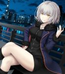  1girl ahoge black_dress black_footwear black_jacket blue_jacket boots breasts city cityscape coat collarbone dress fate/grand_order fate_(series) full-length_zipper fur-trimmed_coat fur-trimmed_jacket fur-trimmed_sleeves fur_collar fur_trim high_heel_boots high_heels highres jacket jeanne_d&#039;arc_(alter)_(fate) jeanne_d&#039;arc_(fate)_(all) jewelry knee_boots necklace nihn open_clothes open_coat open_jacket outdoors short_dress silver_hair skyline solo wicked_dragon_witch_ver._shinjuku_1999 yellow_eyes zipper 