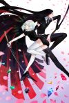  2others absurdres androgynous artist_request black_eyes black_hair bort colored_eyelashes crystal diamond_(houseki_no_kuni) elbow_gloves gem gem_uniform_(houseki_no_kuni) gloves highres houseki_no_kuni long_hair looking_at_viewer multicolored multicolored_eyes multicolored_hair necktie petals rainbow_eyes rainbow_hair short_hair smile sparkle sword thigh-highs very_long_hair weapon 