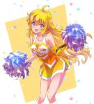  1girl ahoge blonde_hair breasts cheerleader cleavage commentary_request glitter happy iesupa pom_poms prosthesis prosthetic_arm rwby solo violet_eyes yang_xiao_long 