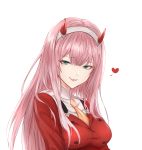  1girl breasts darling_in_the_franxx eyebrows_visible_through_hair green_eyes hairband heart highres horns long_hair looking_at_viewer medium_breasts melynx_(user_aot2846) open_mouth pink_hair red_horns simple_background smile solo uniform upper_body white_background white_hairband zero_two_(darling_in_the_franxx) 