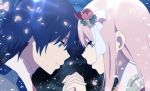  1boy 1girl blue_eyes blue_hair closed_mouth commentary_request couple darling_in_the_franxx eyeshadow fingernails flower from_side hair_flower hair_ornament hand_up hiro_(darling_in_the_franxx) holding_hand horns interlocked_fingers jacket long_hair maiko_(mimi) makeup parted_lips petals pink_hair profile smile uniform zero_two_(darling_in_the_franxx) 