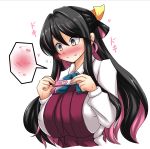  1girl black_hair blush bow bowtie breasts commentary_request fang hair_between_eyes heart highres kantai_collection large_breasts long_sleeves multicolored_hair naganami_(kantai_collection) pink_hair pregnancy_test solo yutanpo-2 