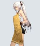  1girl altera_(fate) apron arms_behind_back bandeau bare_shoulders black_shorts breasts cowboy_shot dark_skin fate/grand_order fate_(series) headband i-pan ponytail puffy_shorts red_eyes short_hair shorts simple_background small_breasts solo tattoo veil white_bandeau white_hair 