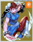  1girl blue_dress boots bracelet brown_eyes brown_hair brown_legwear bun_cover china_dress chinese_clothes chun-li double_bun dress earrings fighting_stance jewelry kicking muscle pantyhose pelvic_curtain puffy_short_sleeves puffy_sleeves sash short_sleeves side_slit spiked_bracelet spikes street_fighter thick_thighs thighs white_footwear xong 