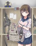  1girl absurdres assault_rifle blue_eyes brown_hair explosive grenade gun helmet highres load_bearing_vest m4_carbine original rifle school_uniform see-through serafuku short_hair solo suppressor tamusuguru weapon wet wet_clothes 