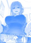  ! 1boy 1girl :d ? backlighting blue breasts calendar_(object) cellphone commentary_request faceless faceless_male foreshortening from_below getsuyoubi_no_tawawa glint hair_over_eyes himura_kiseki indoors jewelry large_breasts long_hair lying maegami-chan_(tawawa) monochrome on_back one_side_up open_mouth phone ring smartphone smile speech_bubble wedding_band 