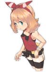  1girl alternate_hair_color bangs bare_shoulders bike_shorts blonde_hair blue_eyes blush breasts cleavage collarbone cropped_legs eyebrows fanny_pack hair_between_eyes hairband haruka_(pokemon) long_hair nyonn24 open_mouth pokemon pokemon_(game) pokemon_oras red_hairband red_ribbon red_shirt ribbon shirt shorts shorts_under_skirt simple_background small_breasts solo tank_top white_background white_shorts 