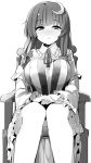  1girl bangs blunt_bangs blush breasts chair closed_mouth crescent crescent_hair_ornament dress eyebrows_visible_through_hair hair_ornament kamukamu_(ars) large_breasts legs long_hair long_sleeves looking_at_viewer monochrome no_hat no_headwear panties pantyshot pantyshot_(sitting) patchouli_knowledge sitting solo striped touhou underwear vertical-striped_dress vertical_stripes 