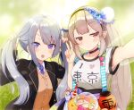  2girls bangs black_blazer black_hairband blazer blush bunching_hair cardigan choker clothes_writing collared_shirt elf elu_(nijisanji) flower grey_hair hair_flower hair_ornament hairband hairclip higuchi_kaede jacket kastella long_hair long_sleeves looking_at_viewer multiple_girls nijisanji open_mouth pointy_ears ponytail red_eyes ribbon school_uniform shirt short_sleeves silver_hair smile t-shirt tied_hair twintails v virtual_youtuber white_shirt 