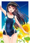  1girl :d arm_up ass_visible_through_thighs bangs black_hair blue_eyes blue_sky blue_swimsuit braid breasts clouds commentary_request competition_swimsuit covered_navel day eyebrows_visible_through_hair flower french_braid hair_ornament hairclip large_breasts long_hair looking_at_viewer nijisanji one-piece_swimsuit open_mouth sakayama_shinta shiny shiny_hair sky smile solo standing sunflower swimsuit tsukino_mito virtual_youtuber 