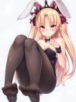  1girl 3: animal_ears bangs bare_shoulders black_bow black_legwear black_leotard blonde_hair blush bow breasts bunny_girl bunnysuit cleavage closed_mouth collarbone ereshkigal_(fate/grand_order) eyebrows_visible_through_hair fate_(series) grey_background hair_bow hand_on_own_chest hand_up highres indoors leotard long_hair medium_breasts no_shoes pantyhose parted_bangs purple_bow rabbit_ears red_eyes shimokirin simple_background sitting soles solo strapless strapless_leotard tiara two_side_up very_long_hair wrist_cuffs 