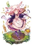  1girl :d \n/ animal_hood apron bag closed_eyes commentary_request copyright_request diamond dress fingernails floating_hair frilled_apron frills gem gold highres hood letter long_hair long_sleeves open_mouth pink_hair purple_legwear ribbed_legwear sign simple_background sleeves_past_wrists smile sogawa solo standing waist_apron white_background 