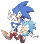  brown_eyes clenched_hand gloves green_eyes hedgehog looking_at_viewer multiple_persona red_footwear rento_(rukeai) sideways_mouth smile sonic sonic_the_hedgehog white_gloves 