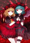  2girls alternate_costume bangs bat_wings black_background black_blouse black_skirt blonde_hair blouse blue_hair cravat earrings eyebrows_visible_through_hair fingernails flandre_scarlet floral_background flower garters hair_between_eyes hand_on_another&#039;s_arm hat highres interlocked_fingers jewelry looking_at_viewer mob_cap multiple_girls nail_polish open_mouth pale_skin parted_lips pointy_ears puffy_short_sleeves puffy_sleeves red_eyes red_flower red_nails red_neckwear red_rose red_skirt remilia_scarlet ribbon rose sakipsakip short_hair short_sleeves siblings sisters sketch skirt skirt_set smile splatter touhou wings wrist_cuffs wrist_ribbon yellow_neckwear 