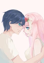  1boy 1girl absurdres bare_shoulders black_hair blue_eyes breasts chu_dengdeng closed_mouth commentary couple darling_in_the_franxx eyeshadow flower forehead-to-forehead fringe from_side green_eyes hair_flower hair_ornament hetero highres hiro_(darling_in_the_franxx) horns large_breasts long_hair looking_at_viewer makeup nightgown oni_horns pink_hair red_horns shirt short_hair sleeveless sleeveless_shirt white_shirt zero_two_(darling_in_the_franxx) 