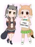  2girls :/ american_beaver_(kemono_friends) animal_ears antenna_hair arms_behind_back bare_legs beaver_ears beaver_tail bike_shorts black-tailed_prairie_dog_(kemono_friends) black_bra black_footwear black_hair blush bow bowtie bra brown_eyes center_opening chibi closed_mouth commentary_request cutoffs elbow_gloves english full_body fur_collar gloves green_bow green_neckwear green_skirt grey_hair holding holding_sign kemono_friends kirigamine light_brown_hair long_sleeves looking_at_viewer multicolored_hair multiple_girls navel open_mouth plaid plaid_skirt pleated_skirt prairie_dog_ears prairie_dog_tail shoe_bow shoes short_hair short_shorts shorts shorts_under_shorts sign skirt smile standing stomach sweater tail thigh-highs underwear vest white_footwear white_hair zettai_ryouiki 