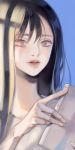  1girl artist_name bangs black_hair blue_background book grey_eyes hair_between_eyes hands highres holding holding_book korean lips long_hair looking_at_viewer minncn original serious shirt simple_background solo translation_request white_book white_shirt 