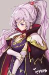  1girl blush breasts cape cleavage dress earrings elbow_gloves embarrassed fire_emblem fire_emblem:_seisen_no_keifu fire_emblem_heroes gloves highres ippers ishtar_(fire_emblem) jewelry large_breasts long_hair ponytail side_ponytail silver_hair solo violet_eyes 