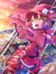  1girl battle brown_hair bullet bullpup bunnysuit firing gloves gun hat highres llenn_(sao) military military_uniform open_mouth orange_eyes p-chan_(p-90) p90 pants pink_gloves pink_pants pink_scarf pouch scarf short_hair solo submachine_gun sword_art_online sword_art_online_alternative:_gun_gale_online sysen uniform weapon 